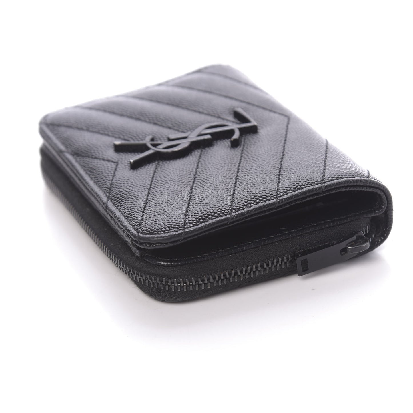 Grain De Poudre Matelasse Chevron Monogram Compact Zip Around Wallet Black
