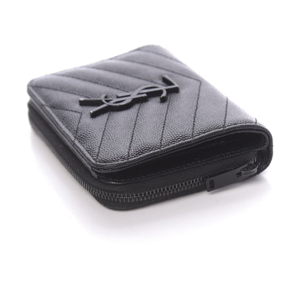 Saint Laurent Grain De Poudre Matelasse Chevron Monogram Compact Zip Around Wallet Black 12 of 15