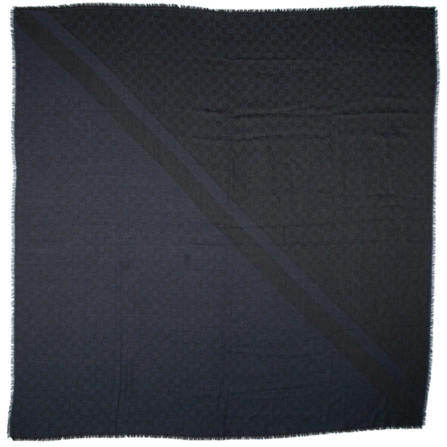 Wool Silk Monogram GGWeb Fringe Shawl Anthracite Blue