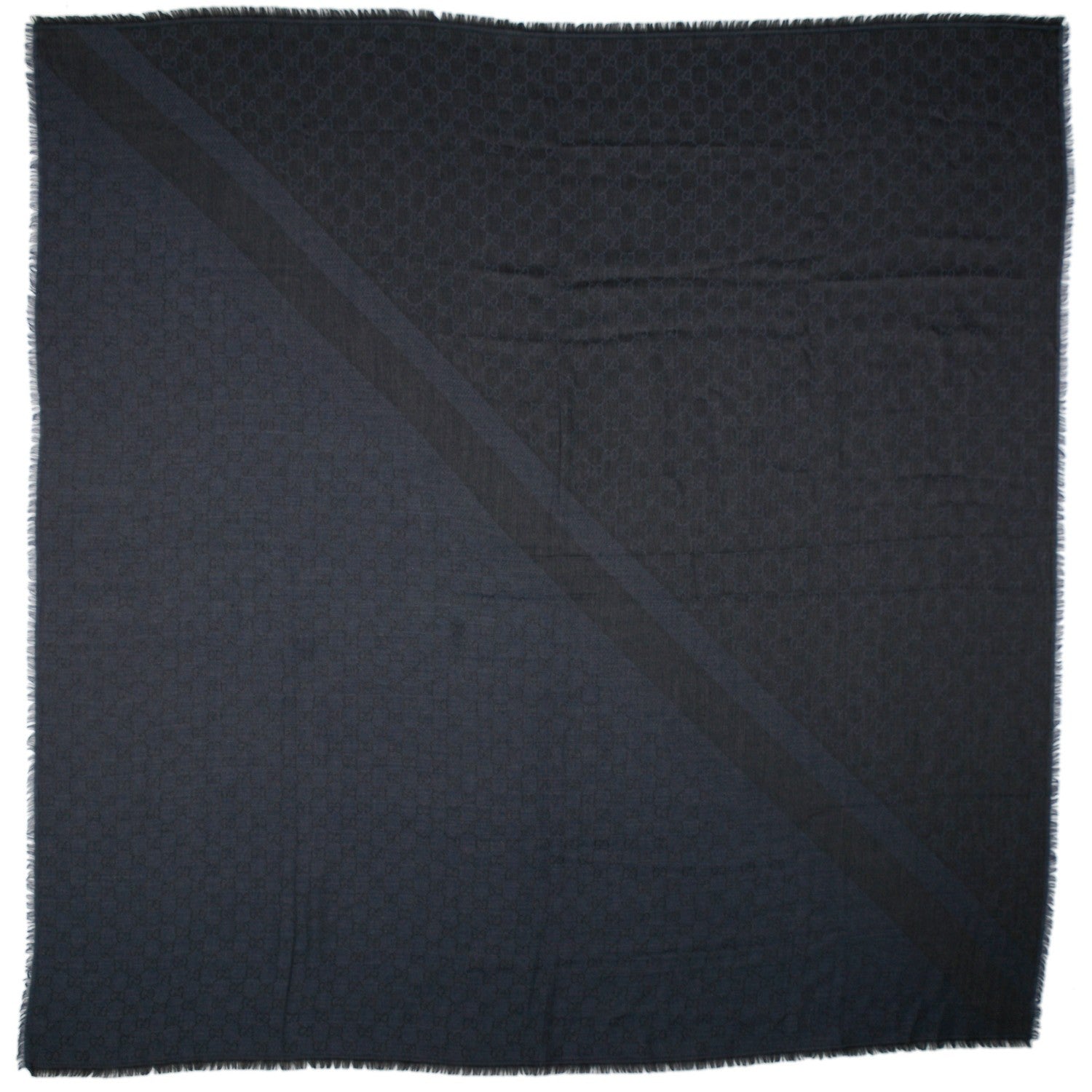 Gucci Wool Silk Monogram GGWeb Fringe Shawl Anthracite Blue 3 of 4