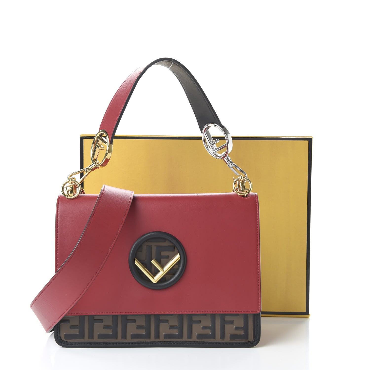 Fendi Vitello Century F is Fendi Bi-Color FF 1974 Embossed Kan I Shoulder Bag Fragola Maya Black 12 of 12