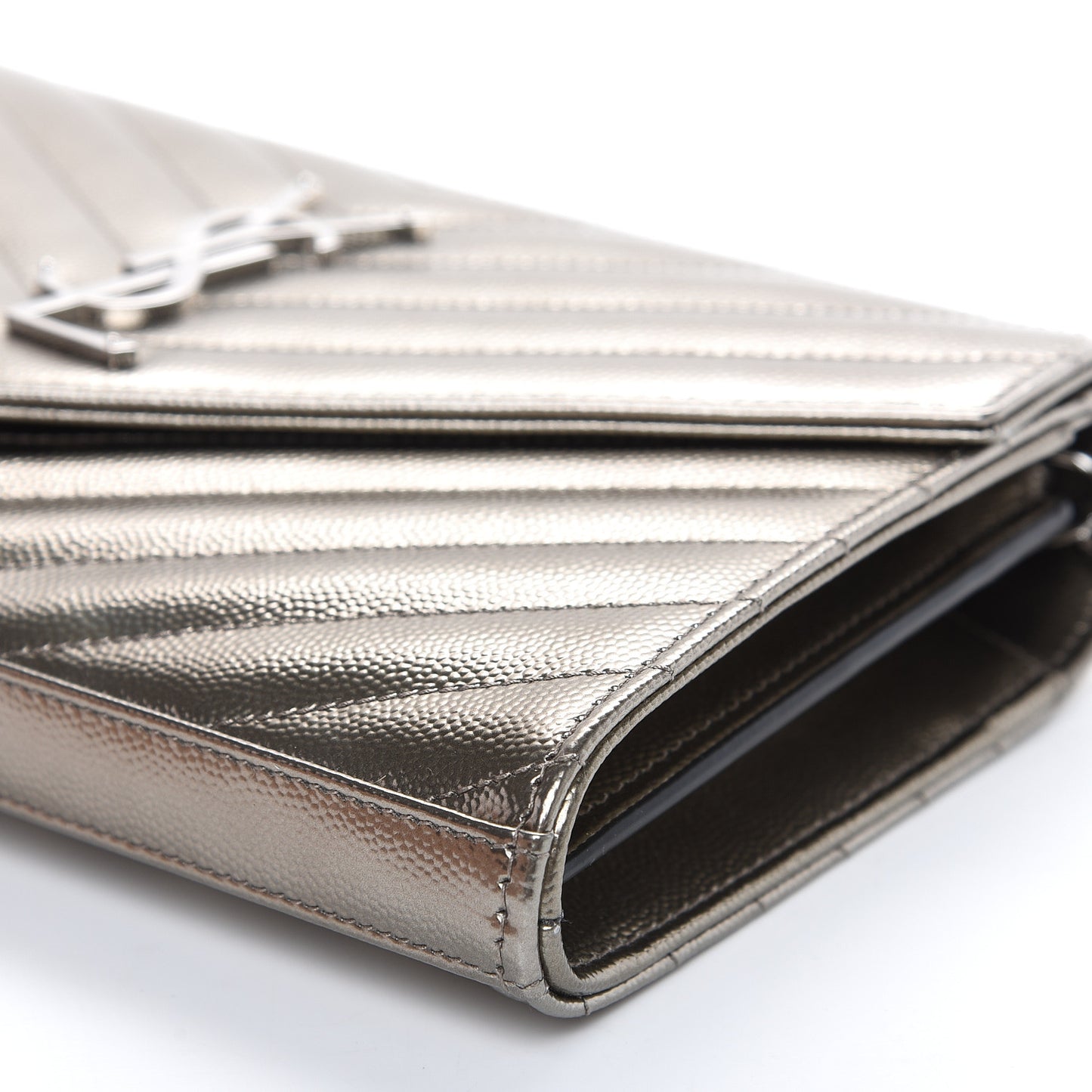 Metallic Grain De Poudre Matelasse Chevron Monogram Chain Wallet Piombo