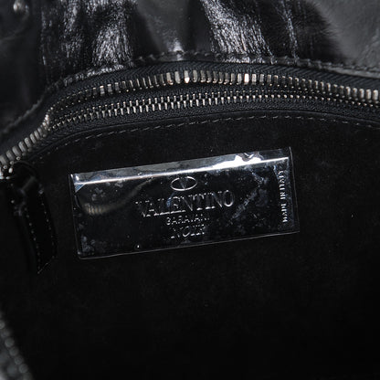 Valentino Garavani Craquele Calfskin Small Guitar Strap Rockstud Rolling Flap Pocket Shoulder Bag Black 6 of 6