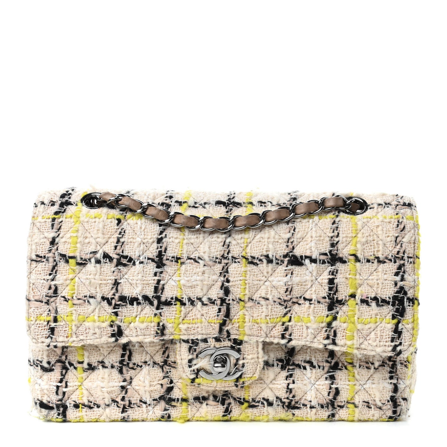 Tweed Quilted Medium Double Flap Beige Yellow Black