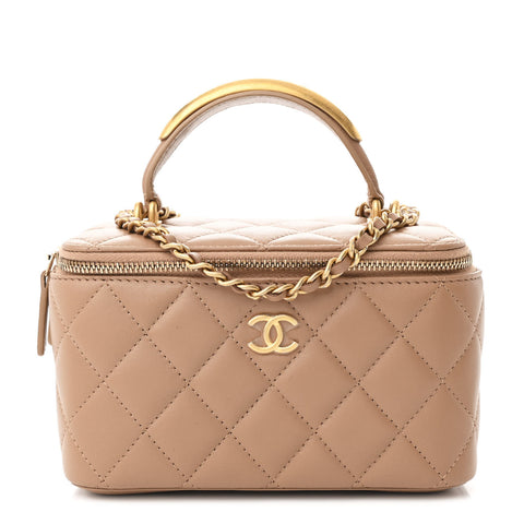 Lambskin Quilted Metal Small Top Handle Vanity Case With Chain Beige