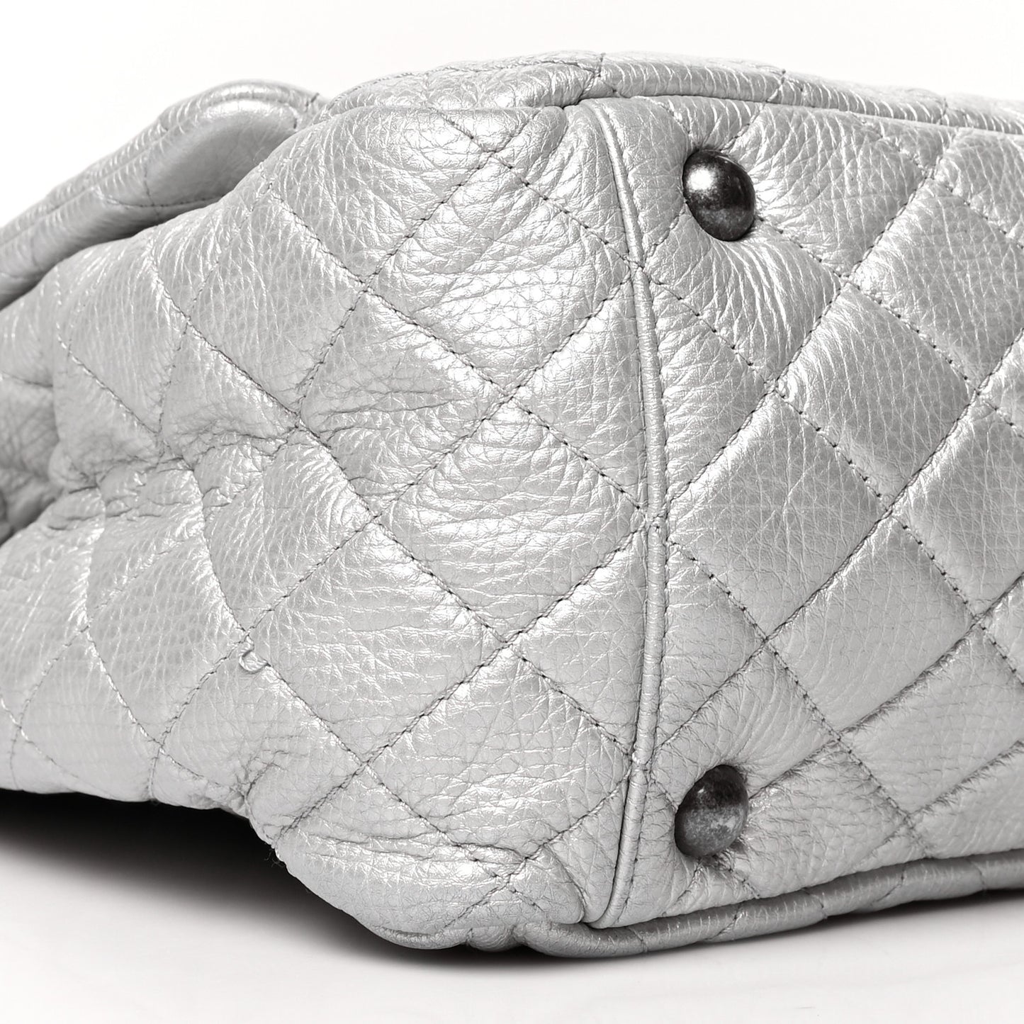 Metallic Calfskin Quilted XXL Travel Flap Bag Silver