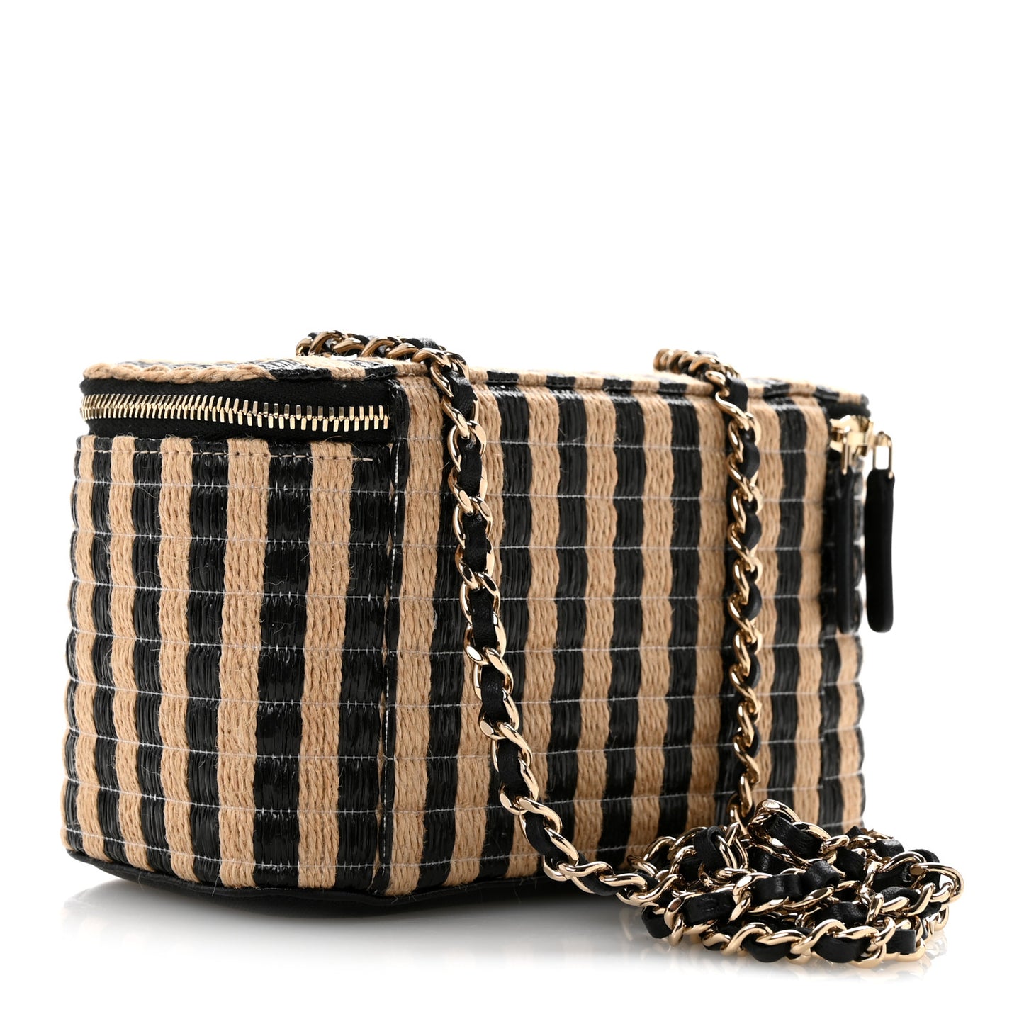 Raffia Jute Striped Small Vanity Case With Chain Black Beige