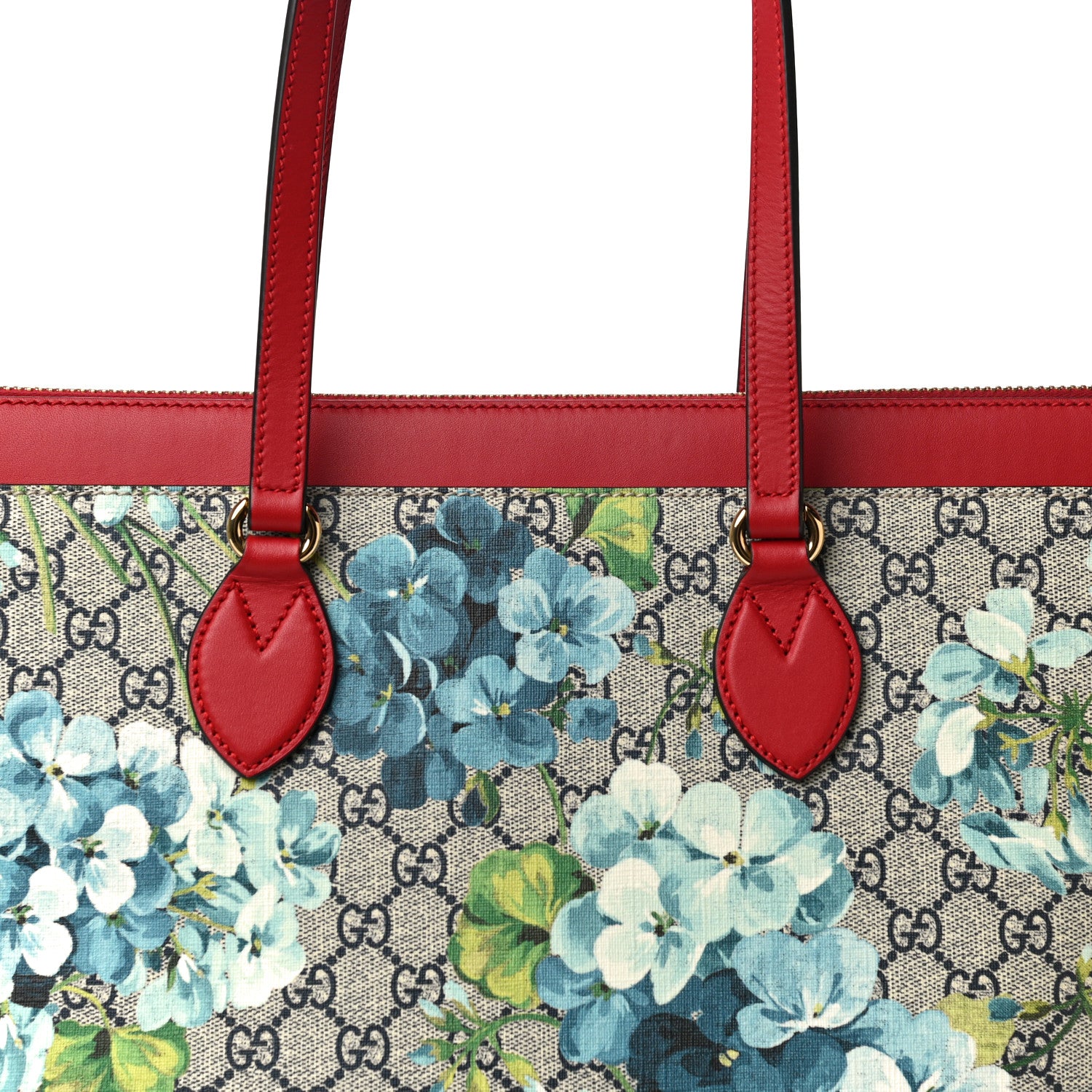 Gucci GG Supreme Monogram Blooms Medium Zippered Bucket Tote Beige Blue Navy Hibiscus Red 7 of 10