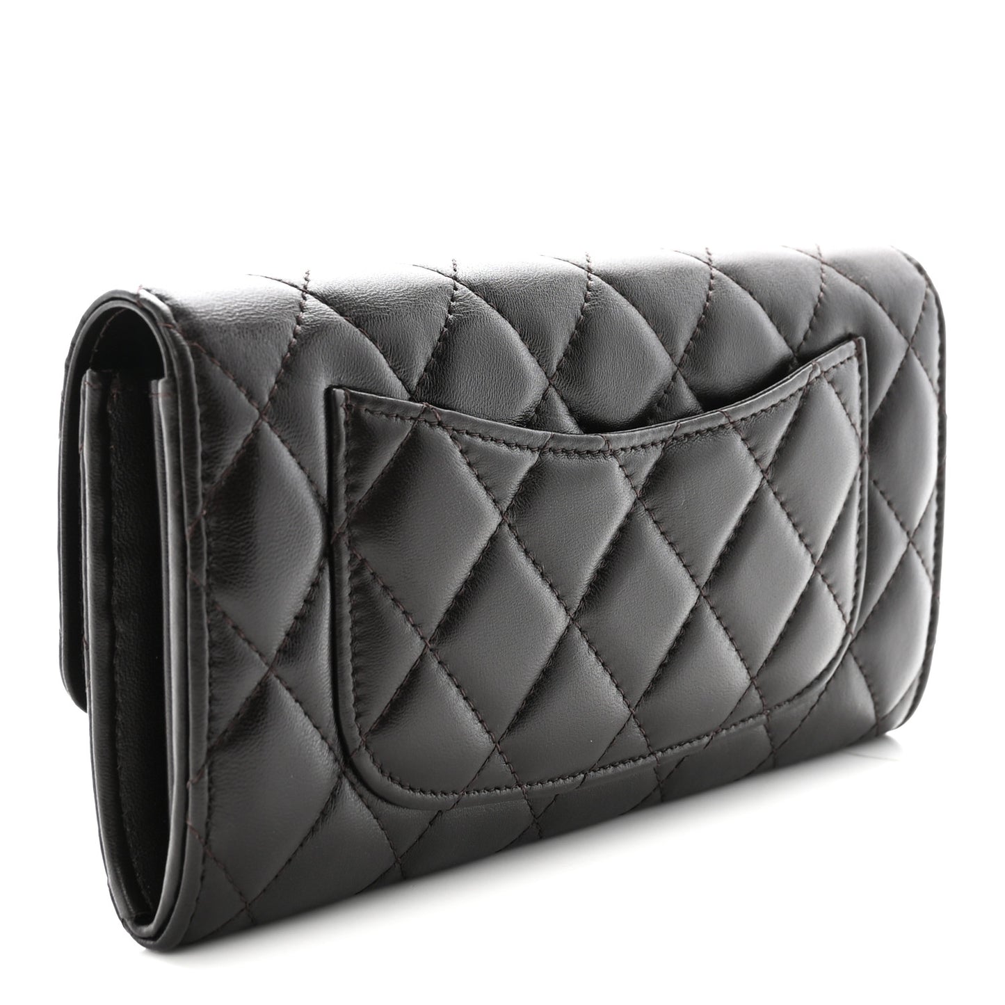 Lambskin Quilted Large Gusset Flap Wallet Dark Brown
