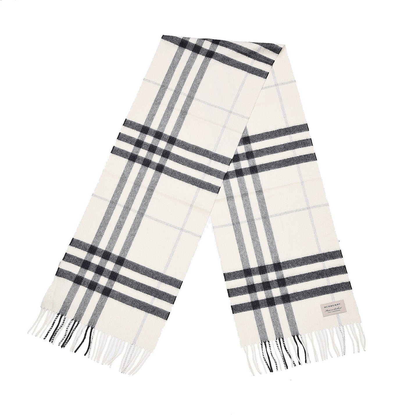 Cashmere Giant Check Fringe Scarf Natural White