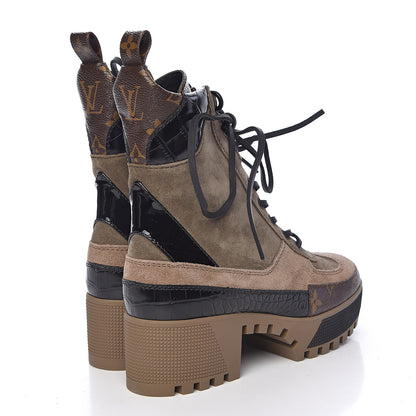 Louis Vuitton Suede Calfskin Monogram Laureate Platform Desert Boots 35 Taupe 4 of 9