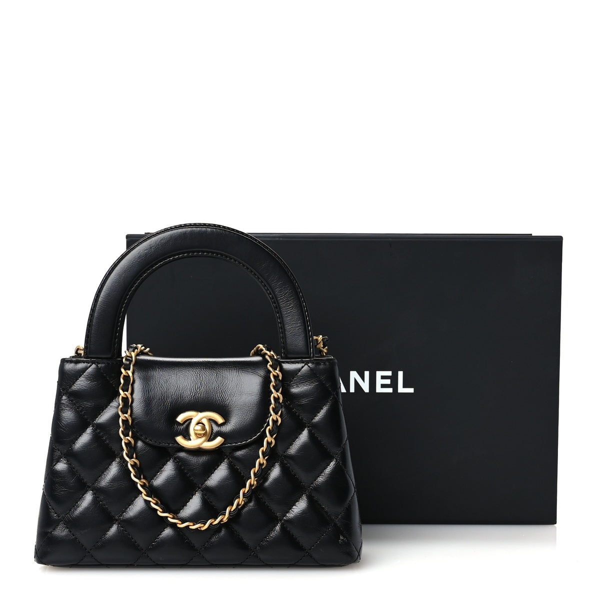 Shiny Aged Calfskin Quilted Nano Kelly Shopper Black
