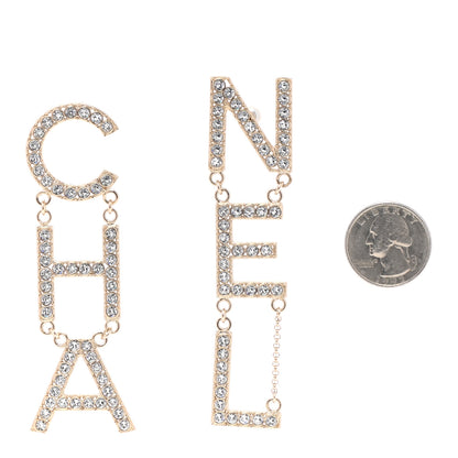 Chanel Crystal Cha-Nel Logo Drop Earrings Gold 2 of 4