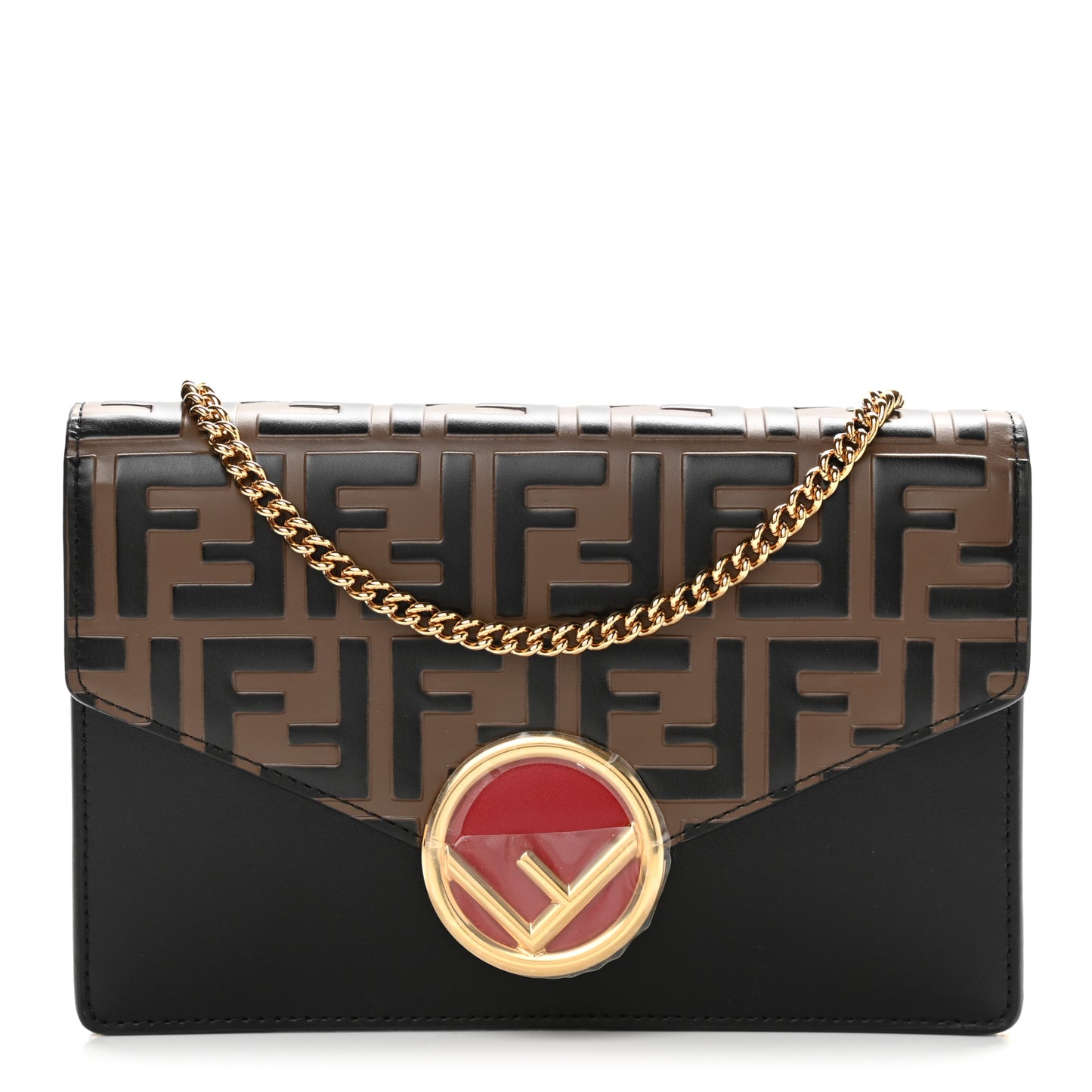 Vitello Liberty F is Fendi Bi-Color FF 1974 Embossed Medium Envelope Wallet On Chain Black Maya