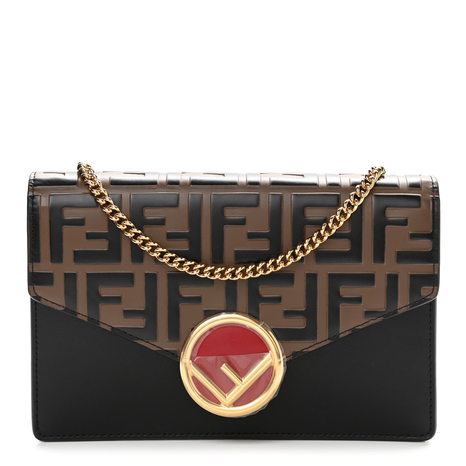 Fendi Vitello Liberty F is Fendi Bi-Color FF 1974 Embossed Medium Envelope Wallet On Chain Black Maya 1 of 10