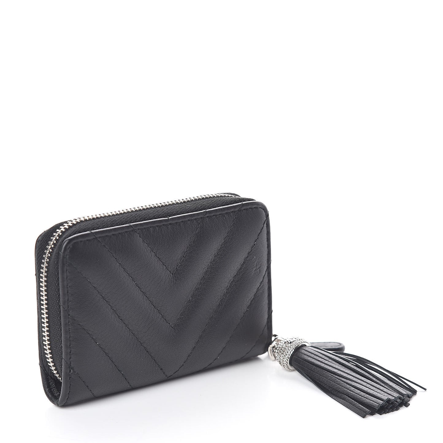 Calfskin Chevron Quilted Tassel Zip Around Coin Purse Black
