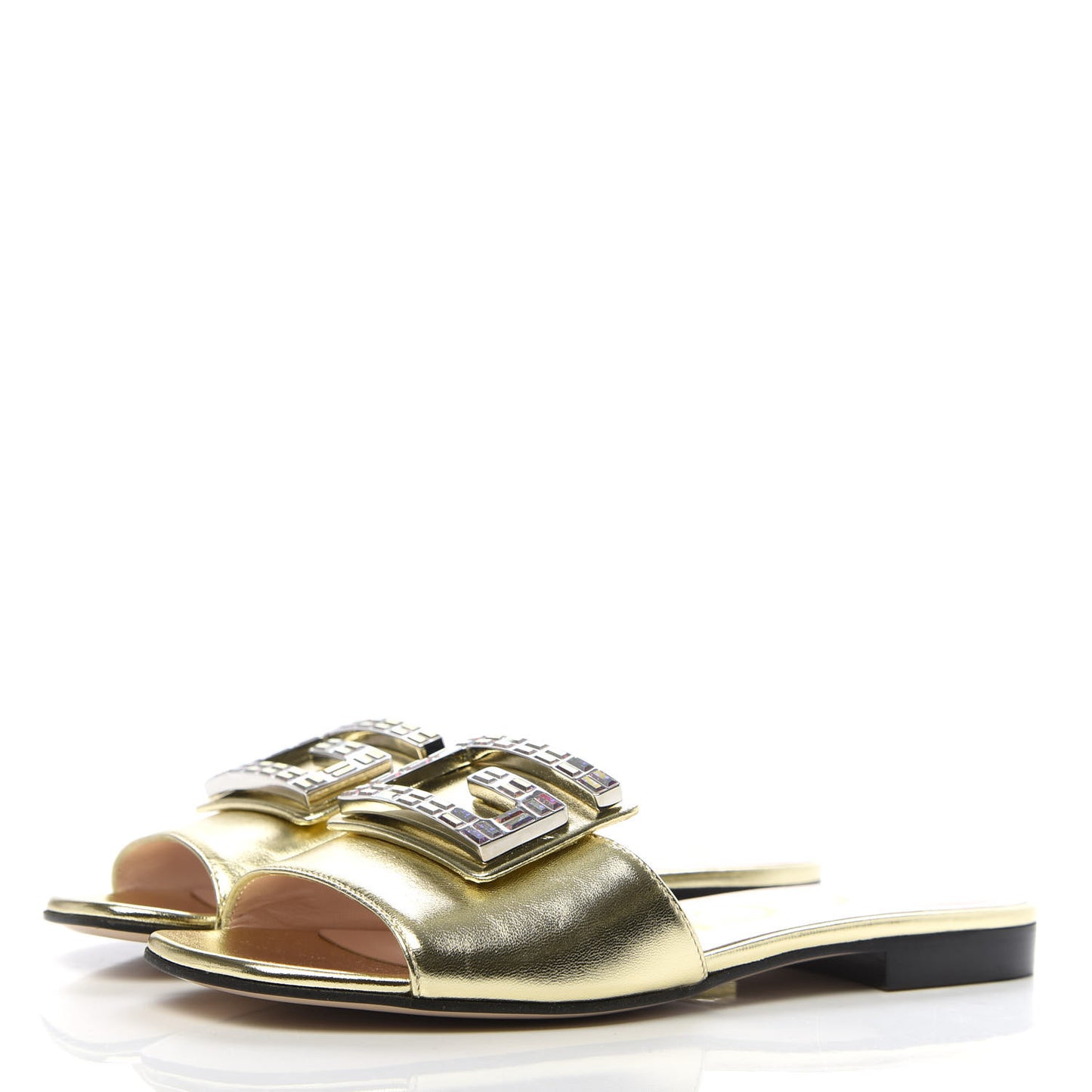 Metallic Nappa Crystal Square G Madelyn Slide Sandals 36.5 Gold