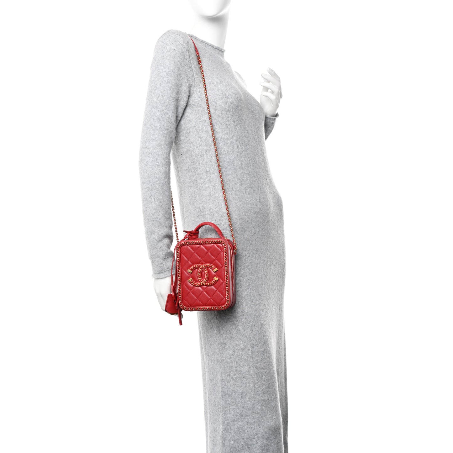 Goatskin Quilted Chain CC North South Filigree Vanity Case Red