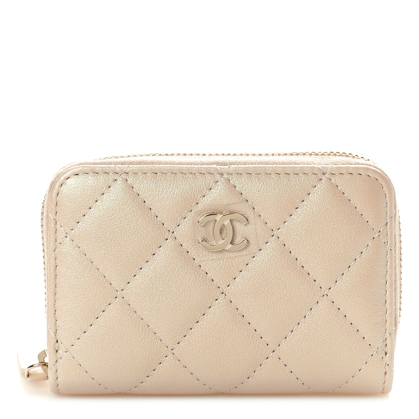Iridescent Calfskin Quilted Zip Coin Purse Wallet Beige