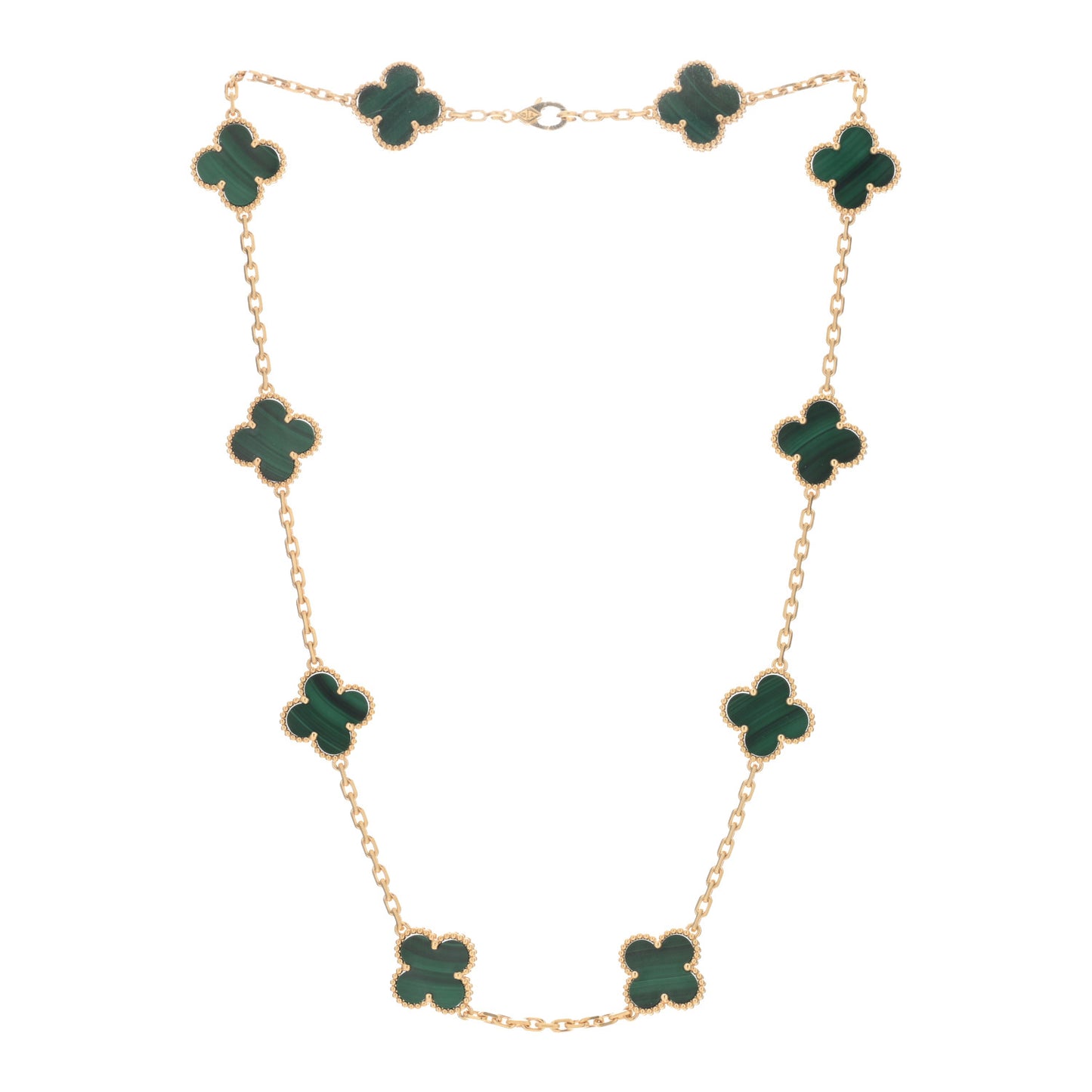 18K Yellow Gold Malachite 10 Motifs Vintage Alhambra Necklace