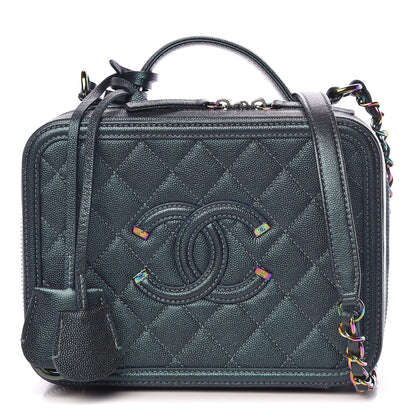 Chanel Iridescent Caviar Quilted Medium CC Filigree Vanity Case Dark Turquoise 1 of 15