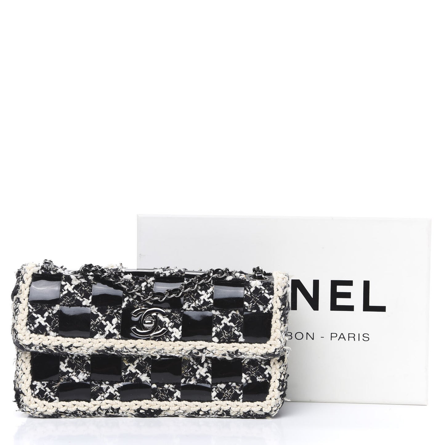 Tweed Patent Quilted Rectangular Flap Black White