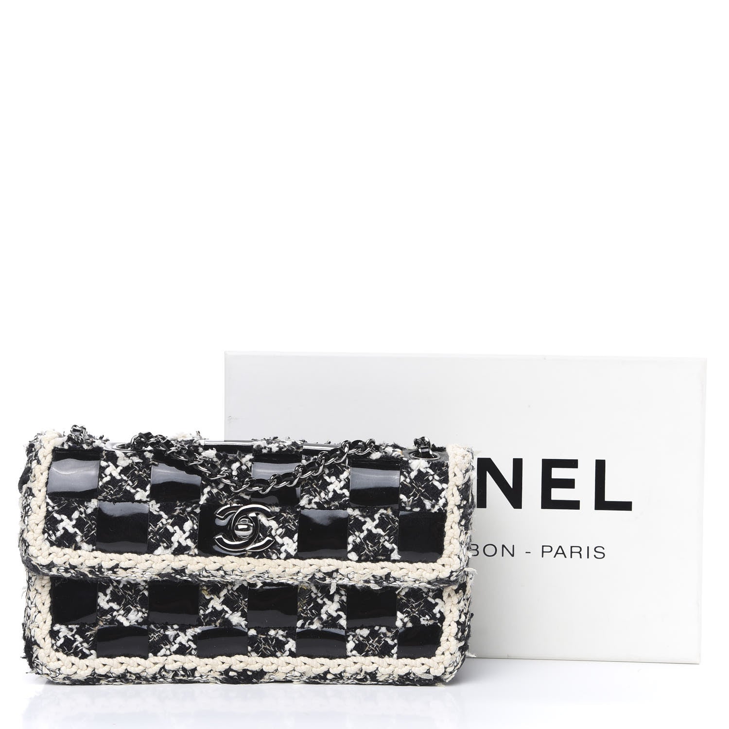 Chanel Tweed Patent Quilted Rectangular Flap Black White 11 of 11