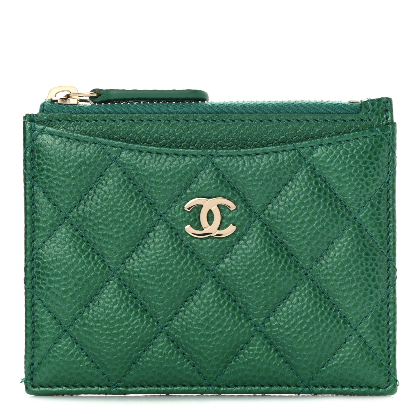 Metallic Caviar Quilted CC Zip Card Holder Green