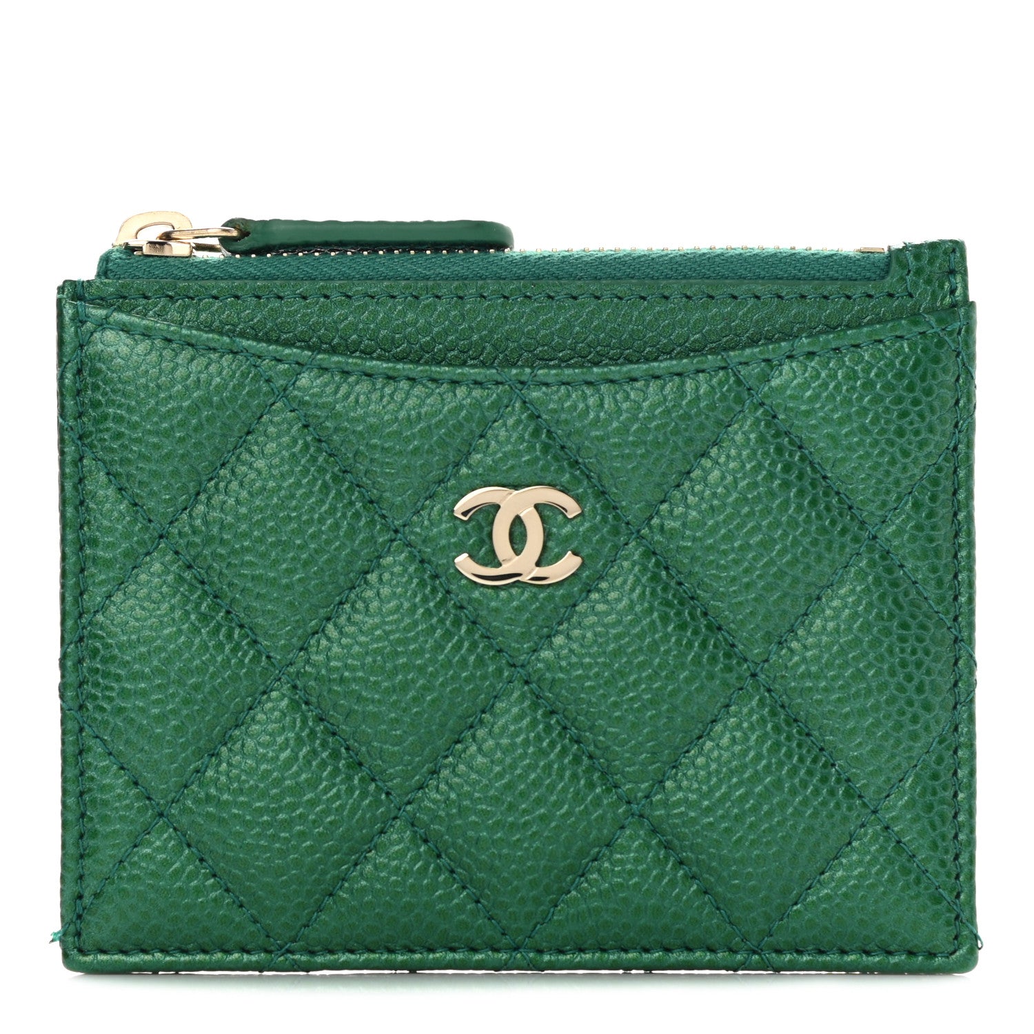 Chanel Metallic Caviar Quilted CC Zip Card Holder Green 1 of 10