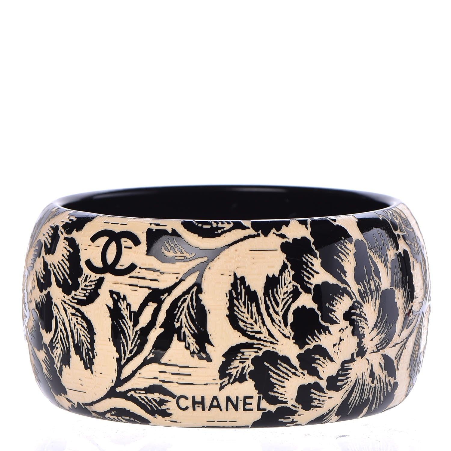 Chanel Resin Laser Etched Floral Bangle Black Cream 1 of 4