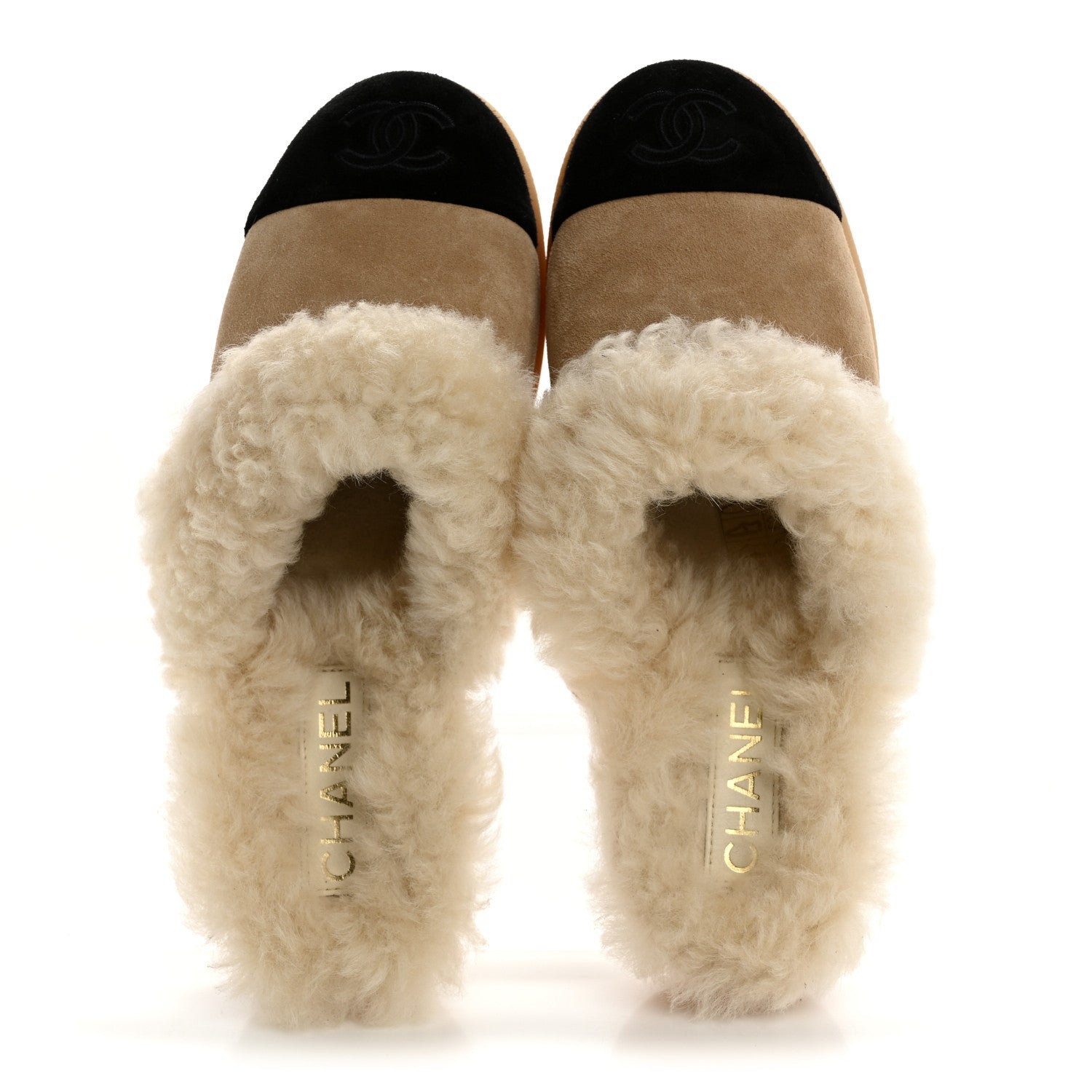 Chanel Suede Shearling CC Cap Toe Mules 38.5 Beige Black 1735938
