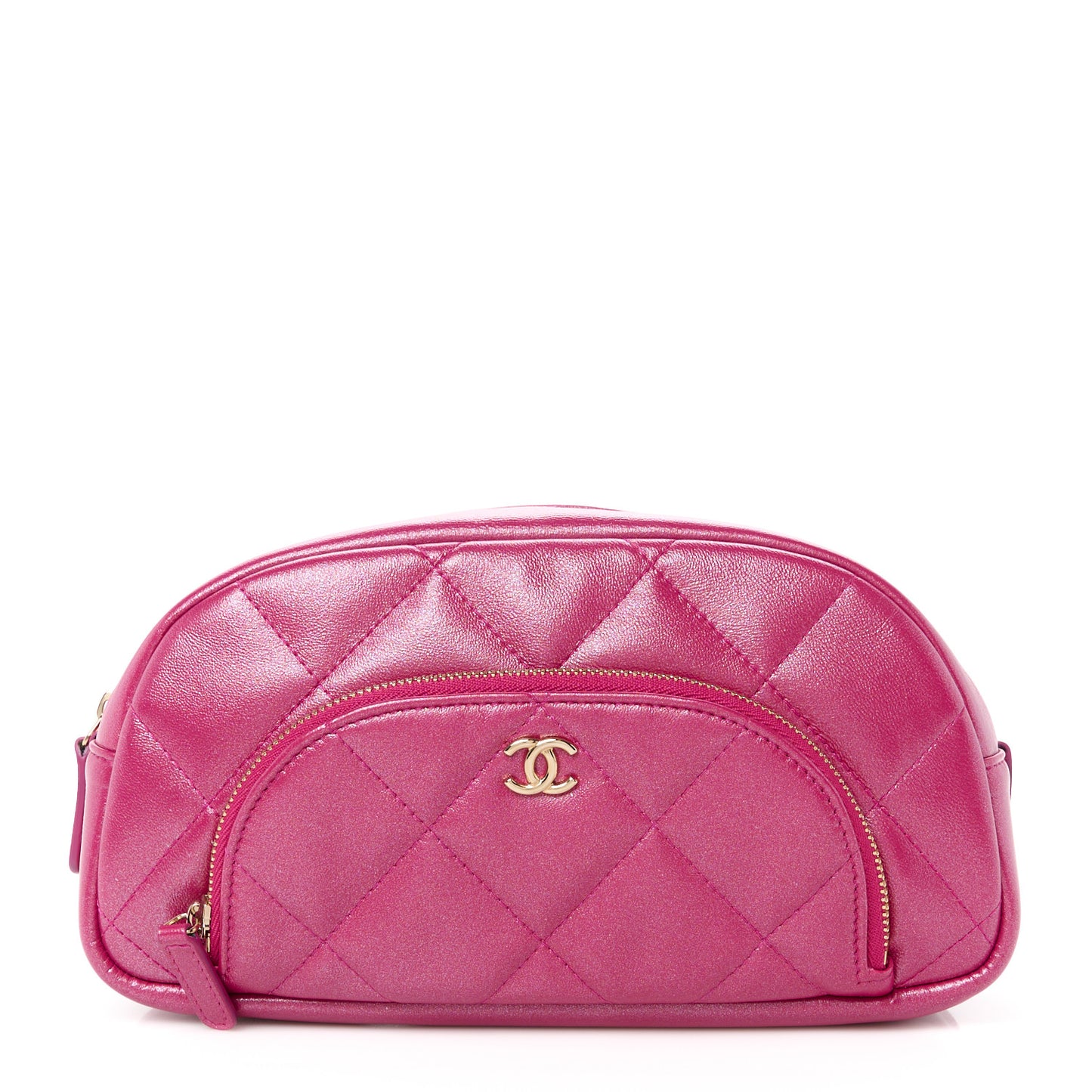 Iridescent Lambskin Quilted Double Zip Pouch Fuchsia