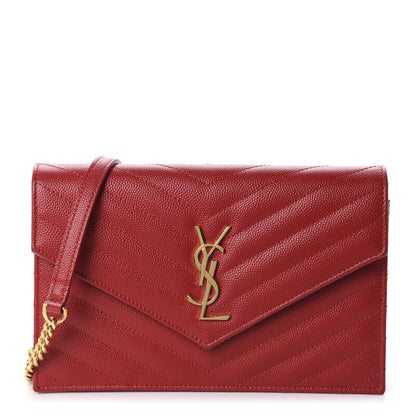 Saint Laurent Grain De Poudre Matelasse Chevron Monogram Envelope Chain Wallet New Red 1 of 11