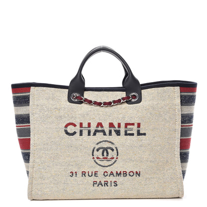 Chanel Striped Canvas Large Deauville Tote Beige 1 of 8