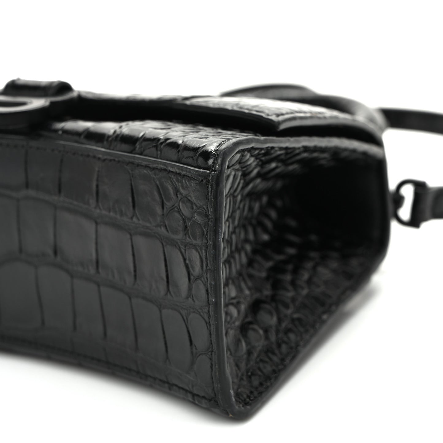 Shiny Calfskin Monochrome Crocodile Embossed Hourglass Top Handle Bag XS Black