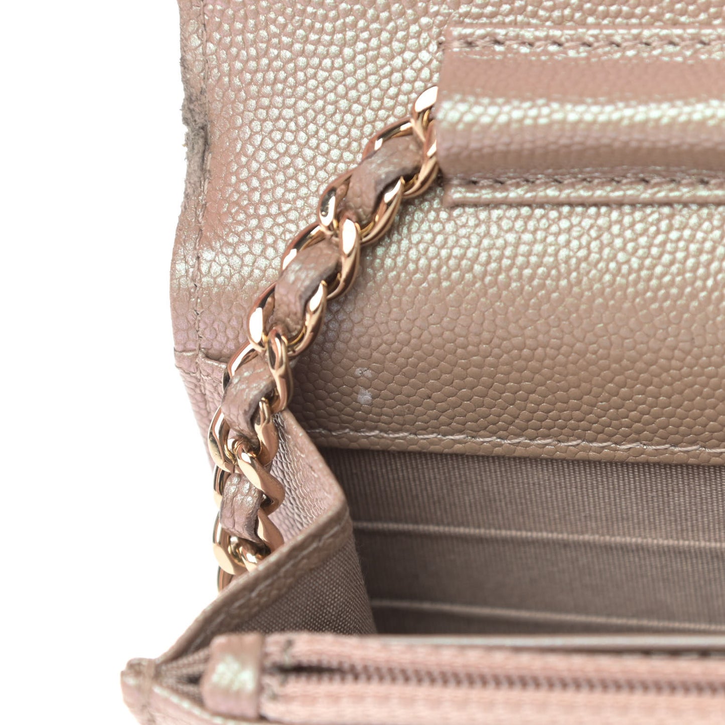 Iridescent Caviar Quilted Wallet On Chain WOC Beige