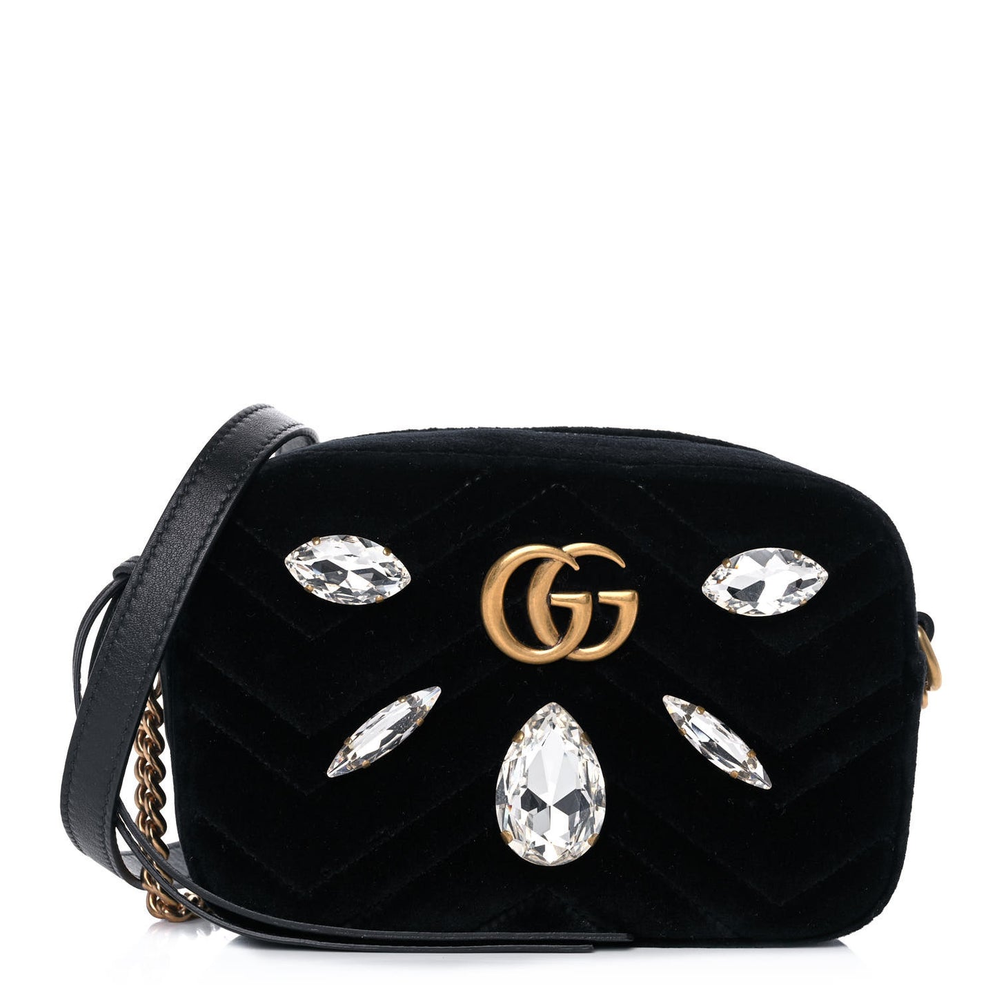Velvet Matelasse Marquise Crystals Mini GG Marmont Chain Shoulder Bag Black