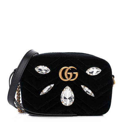 Gucci Velvet Matelasse Marquise Crystals Mini GG Marmont Chain Shoulder Bag Black 1 of 11