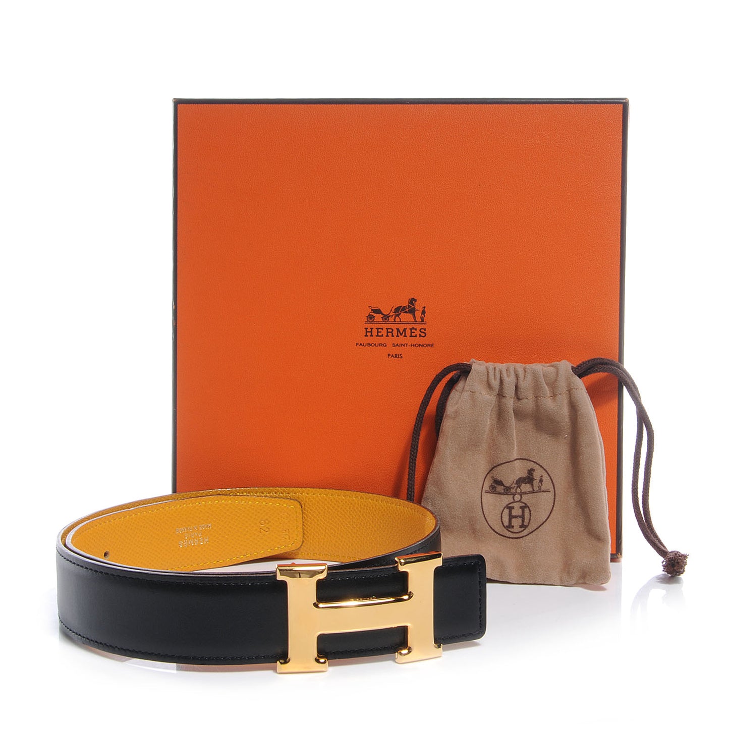 Box Courchevel Reversible Constance 32mm H Belt Noir and Jaune 62