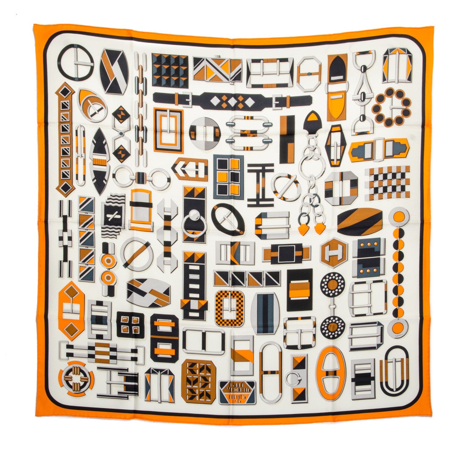 Hermes Silk Carré en Boucles Scarf 90 Créme Orange Marron 2 of 7