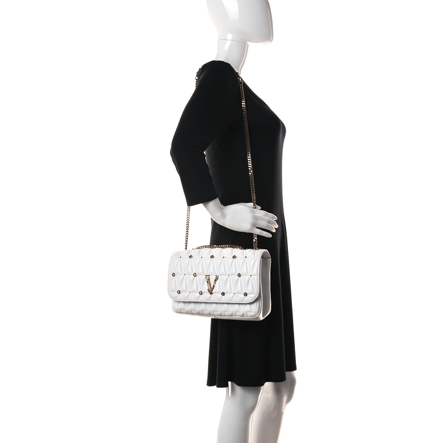 Versace Nappa Quilted Studded Virtus Shoulder Bag White 2 of 12