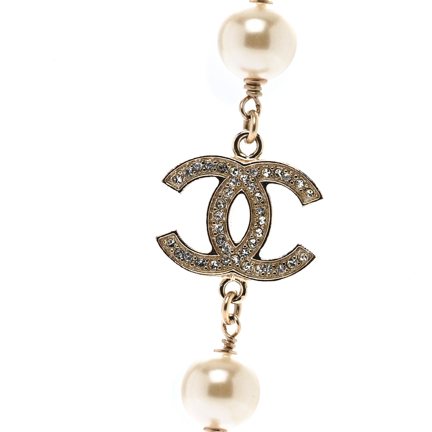 Chanel Pearl Crystal CC Long Necklace Gold White 4 of 5