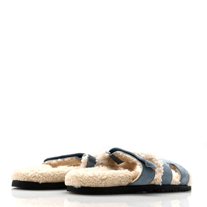 Hermes Suede Goatskin Woolskin Womens Chypre Sandals 40 Bleu Pinede Ecru 5 of 8