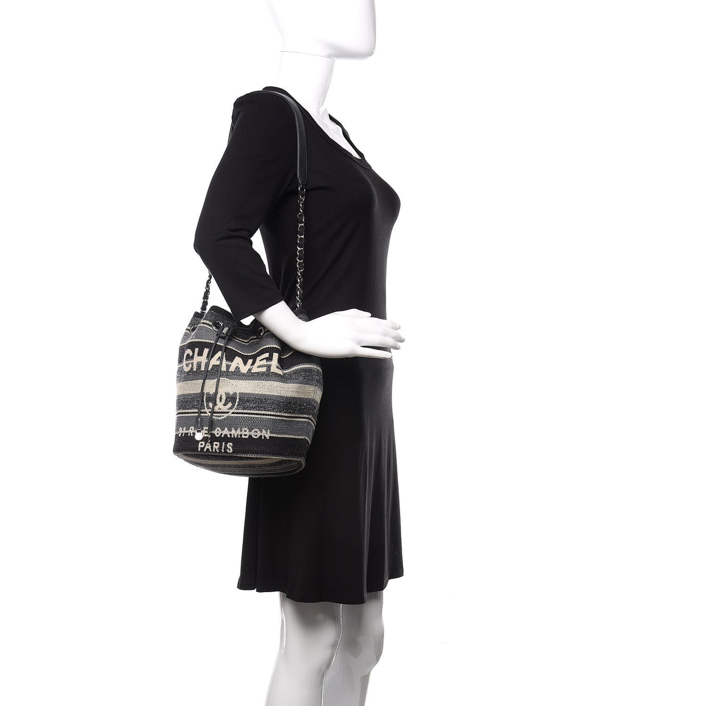 Striped Canvas Deauville Drawstring Bag Grey Black