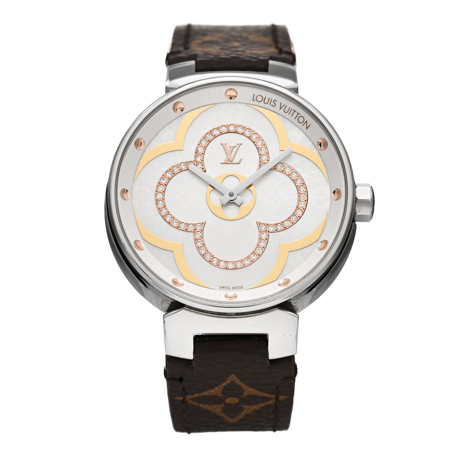 Louis Vuitton Stainless Steel Monogram Diamond 35mm Tambour Moon Divine Quartz Watch 1 of 6