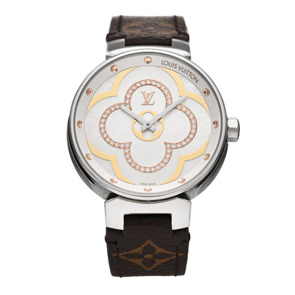 Louis Vuitton Stainless Steel Monogram Diamond 35mm Tambour Moon Divine Quartz Watch 1 of 6
