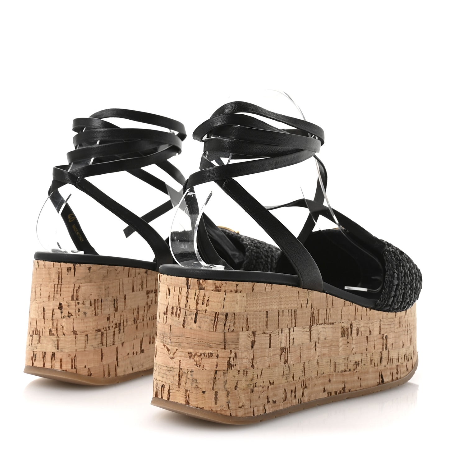 Raffia Cork Triangle Crochet Ankle Strap Platform 75mm Sandals 40 Black