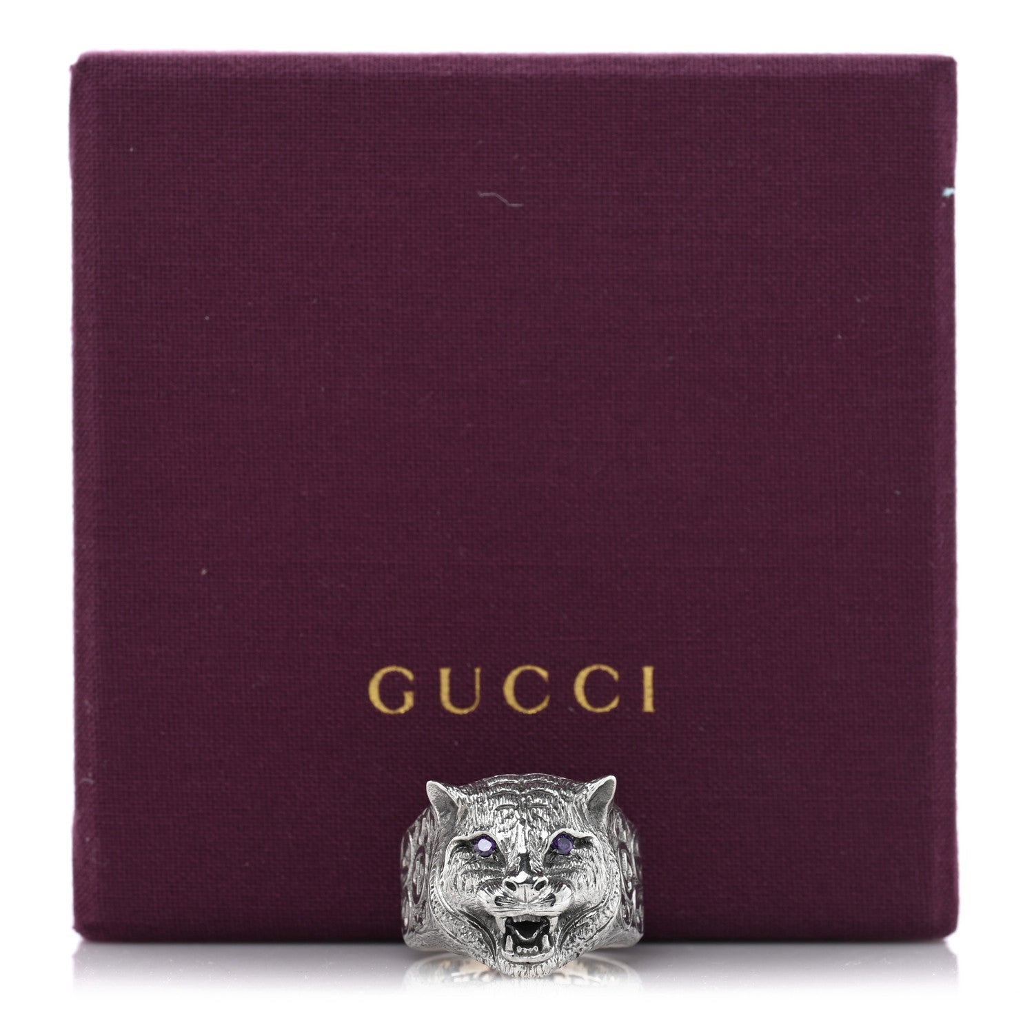 Gucci Sterling Silver Crystal Le Marche Des Merveilles Feline Head Ring 61 9.5 Purple 7 of 7