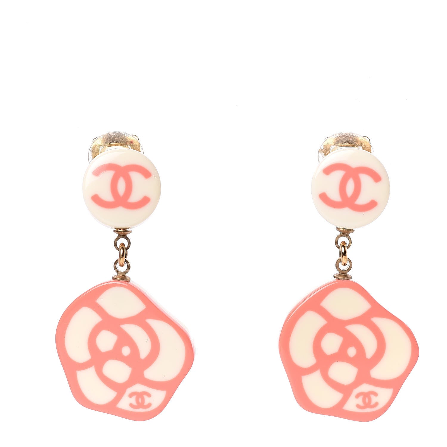 Chanel Resin Camellia CC Drop Clip On Earrings Pink White 1 of 5