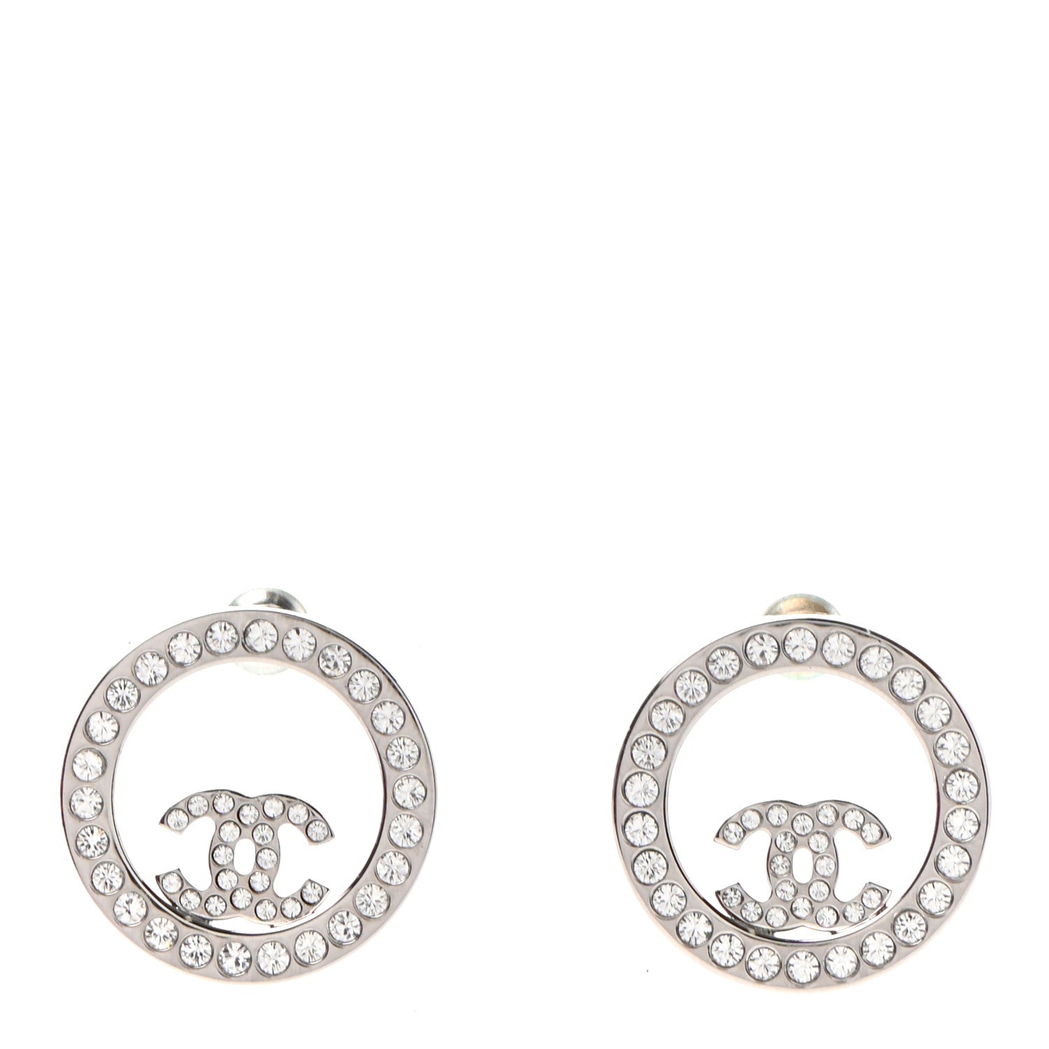 Chanel Crystal CC Round Earrings Silver 1 of 4